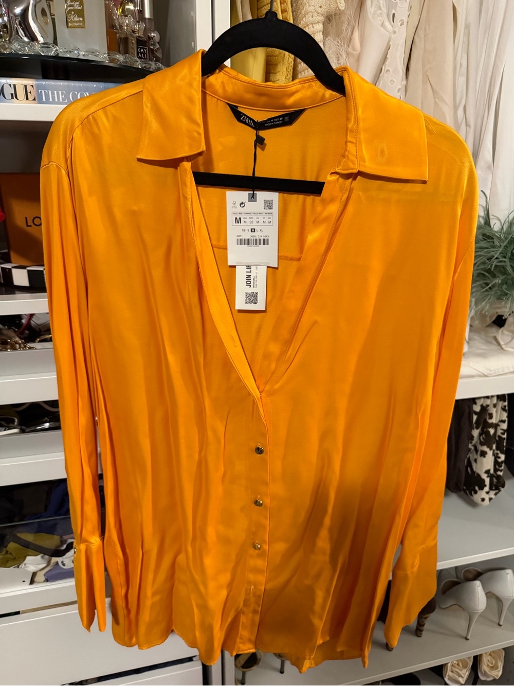 Zara Satin Button-Down Shirt in Bright Orange